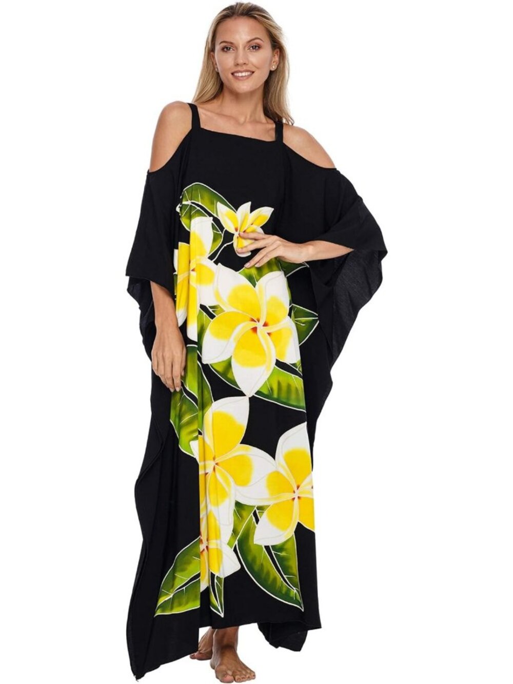 Floral Plus Size Kaftan Dress - Cold Shoulder Maxi Beach Cover-Up for Summer